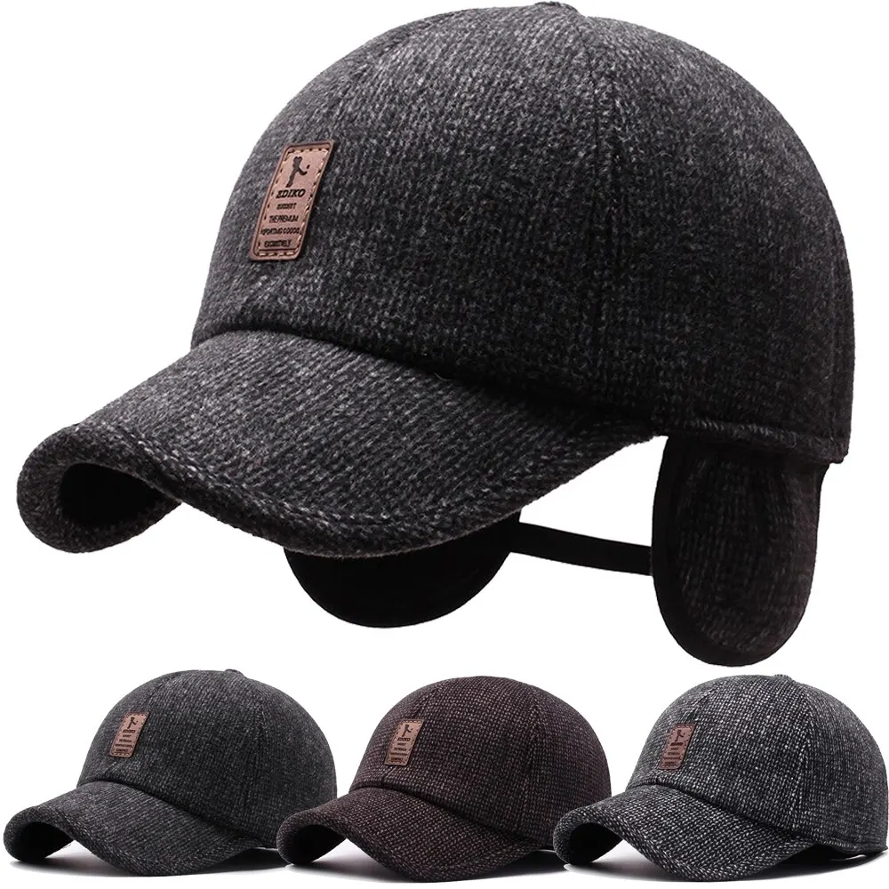 Baseball Cap Woolen Knitted Winter Ear Cover Baseball Cap Men Thicken Warm Hats with Earflaps Sport Golf Hats Snapback