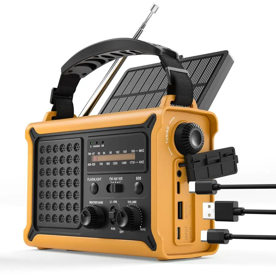 

Ручной солнечный радиоприемник с функцией Power Bank на 12000 мАч, оповещением о погоде NOAA AM/FM, 5-ваттным светодиодным фонариком и лампой для чтения для чрезвычайных ситуаций (например, при урагане)