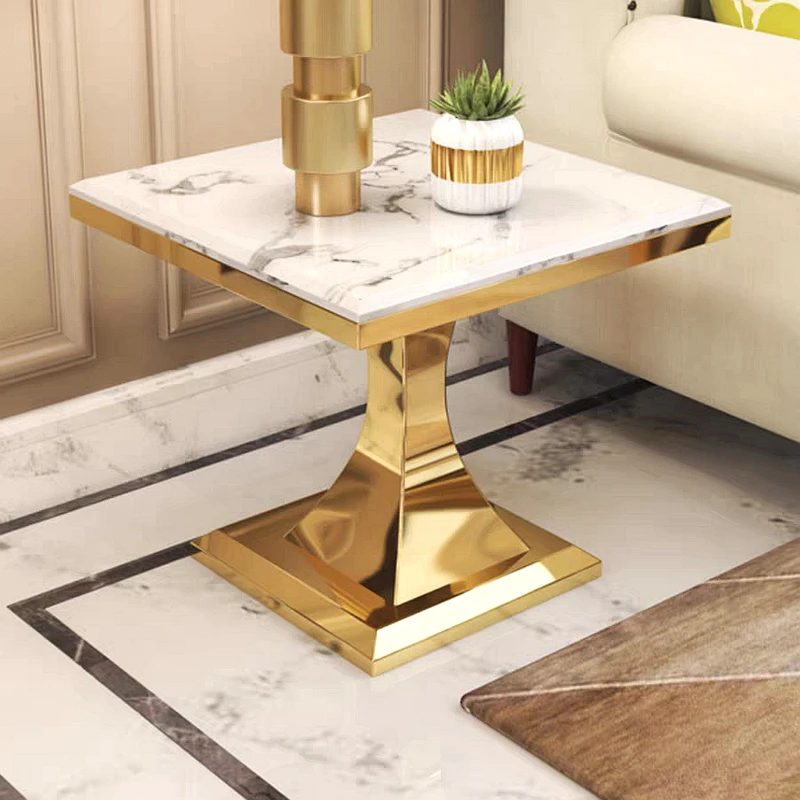 Square Marble Coffee Table High End Luxury Furniture Glossy Gold Stand Living Room Sofa Edge Corner Table Hotel Table