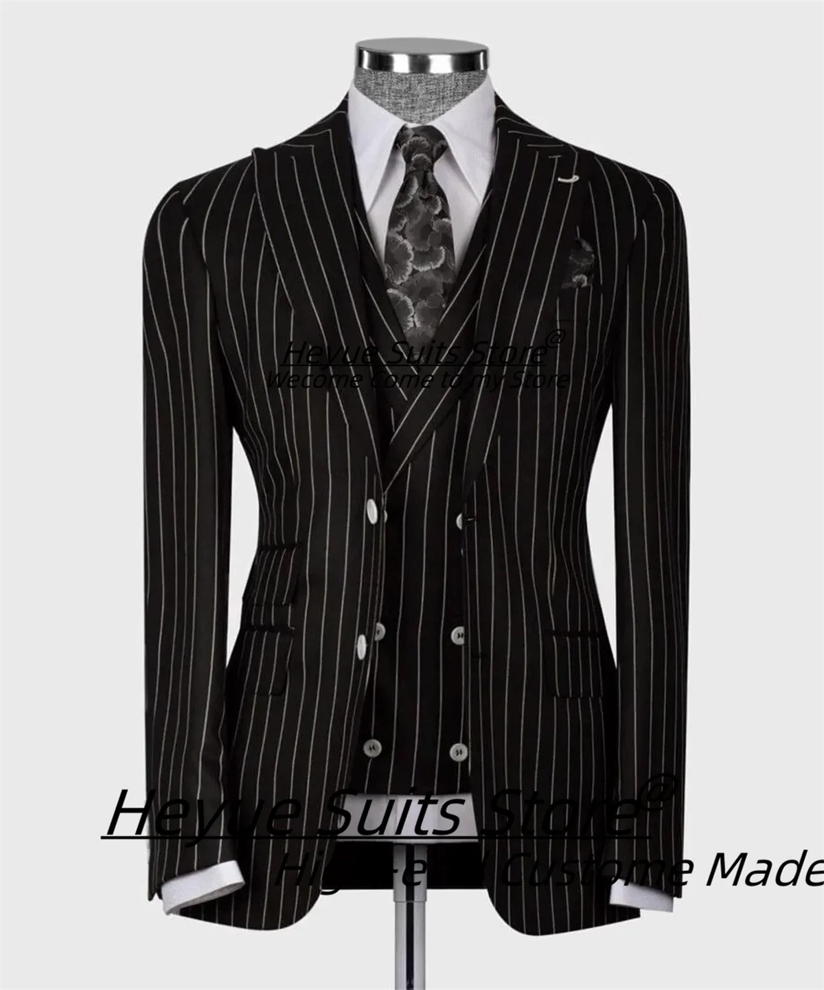 

Customized Black Stripe Men Suits Slim Fit Peak Lapel Groom Wedding Tuxedos 3 Pcs Sets Male Business Blazers Classic Ropa Hombre