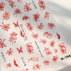 Butterfly Red Spider Lily Blooming Flowers 5D Nail Art Stickers Chinese Characters Phoenix Swallow Self Adhesive Manicure Decals