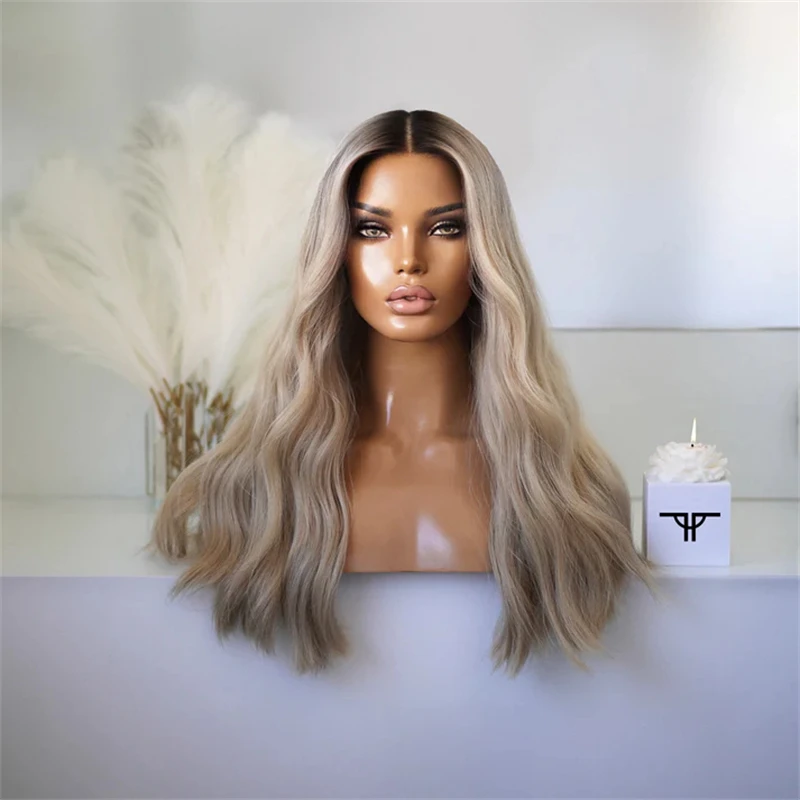 

Glueless Preplucked Hairline Ombre Ash Blonde Balayage Highlights Wig with Natural Dark Roots Washable Synthetic Glueless Wig