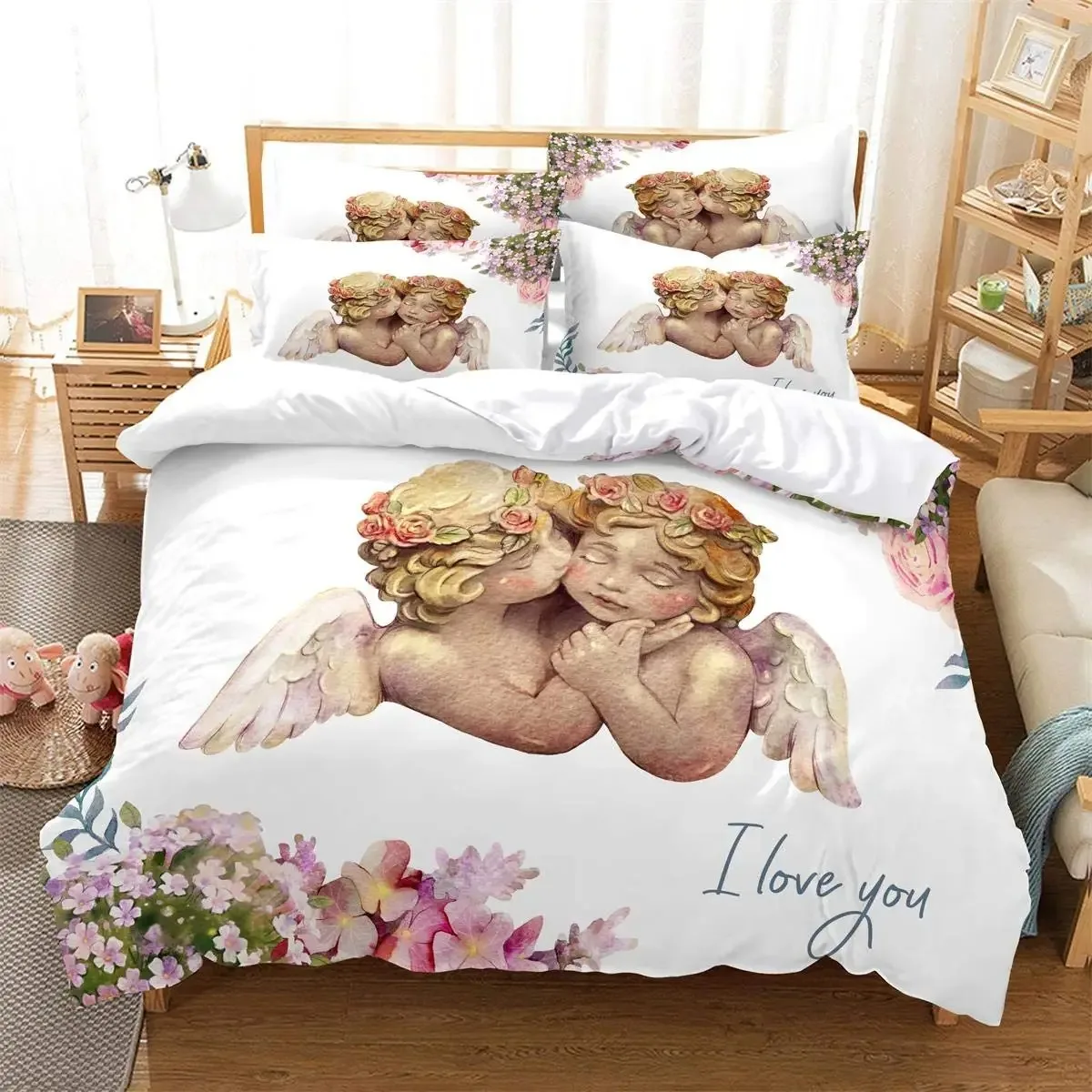 

3D Wing Angel Flower Duvet Cover Set Oil Painting Angel Wing Bedding set with Pillowcase Twin Single Quilt Cover Full Queen Size