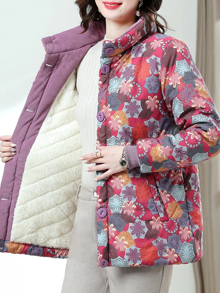 Giacca imbottita in cotone con stampa retrò corta colletto alla coreana stile invernale da donna cappotto trapuntato in peluche e addensato Mujer Chaqueta