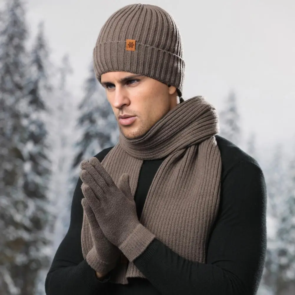 Thermal Knit Hat Scarf Gloves Touchscreen Gloves Winter 3pcs Men Winter Hat Scarf Gloves Set with Plush Ball Weather Protection