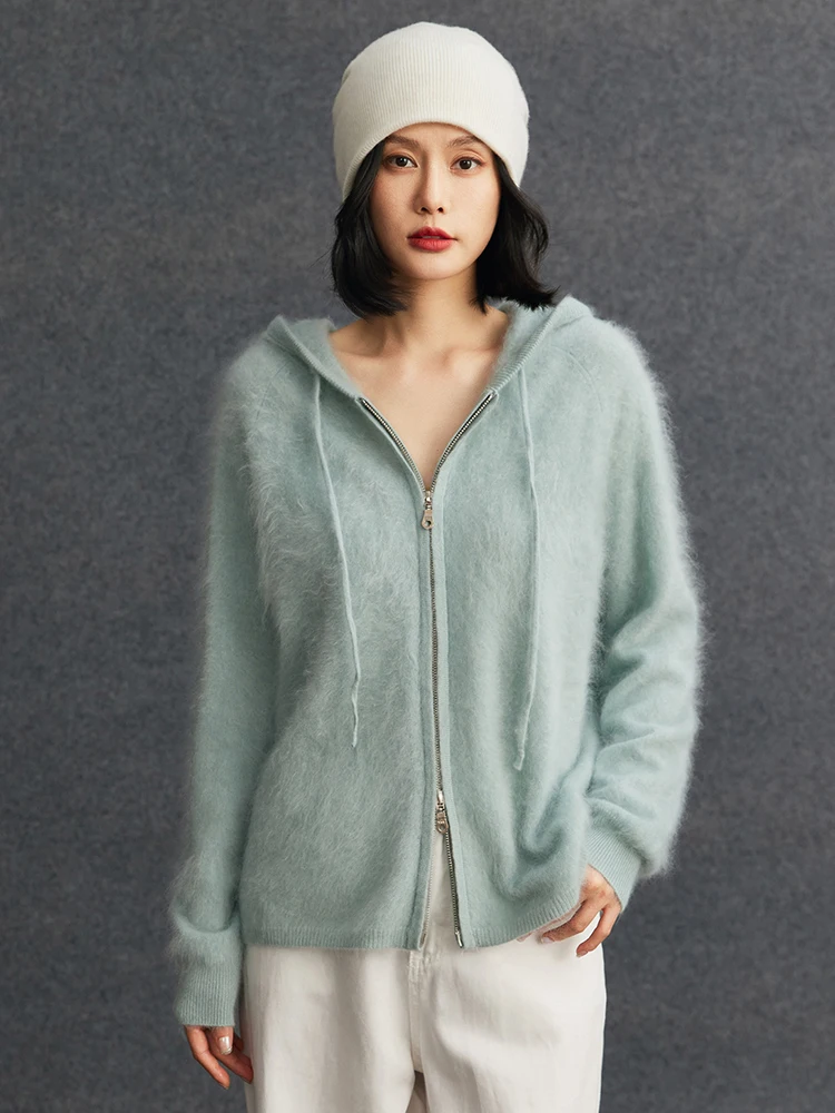 TLOML-suéter elegante de Cachemira de felpa para mujer, cárdigan con capucha y cremallera, abrigo cómodo de punto de Cachemira cepillado suave y cálido para otoño e invierno, 100%