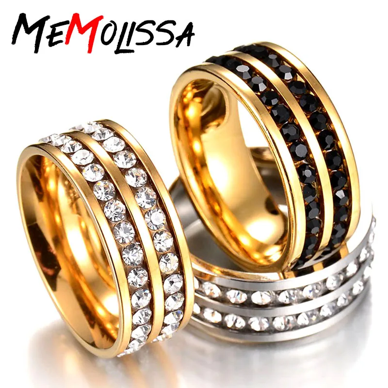 MMS Classic Wide Ring 2 Row Lines Clear Crystal Wedding Ring for Women Gold Black Ring Rhinestone Rings