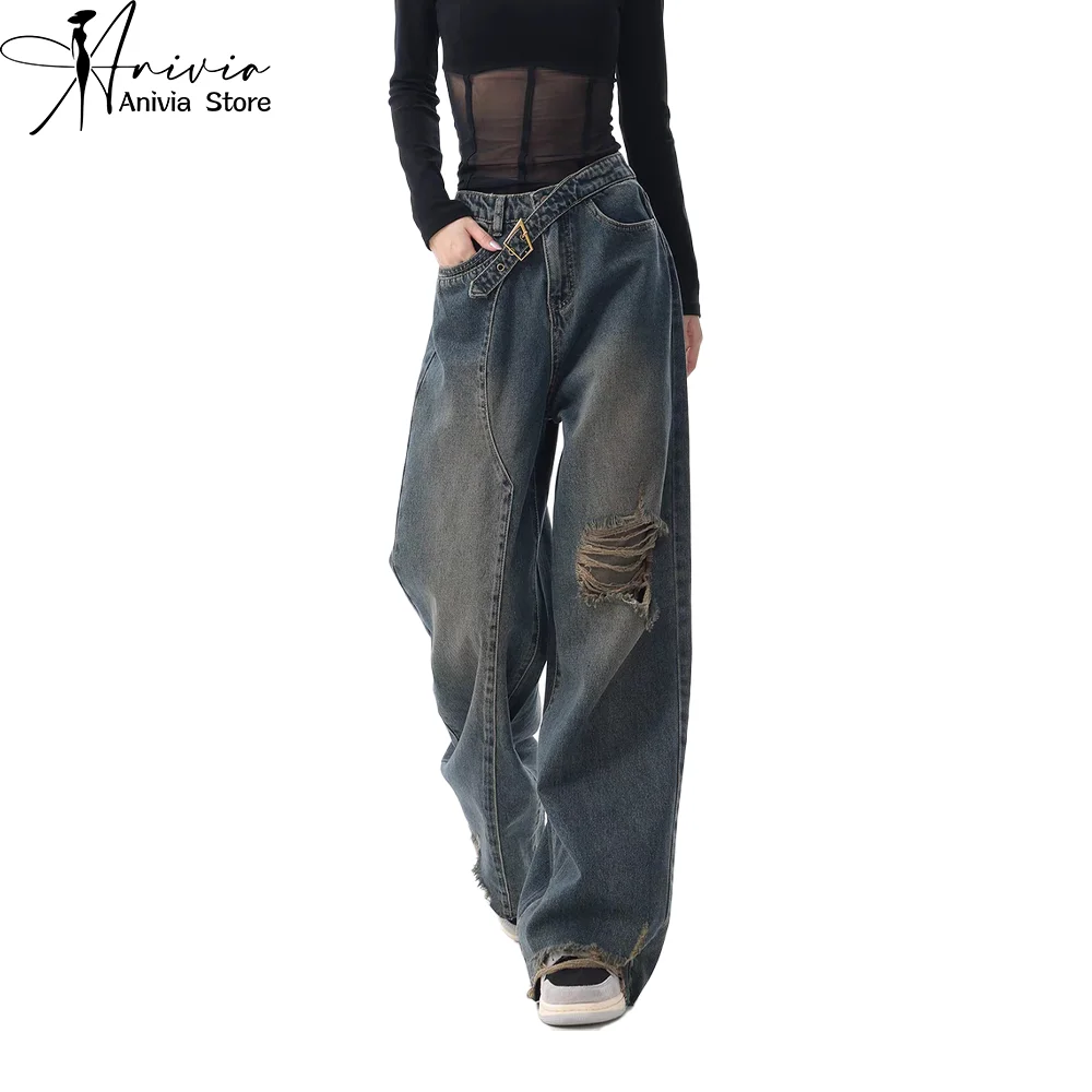 

Harajuku Streetwear Retro Fashion Women High Waist Jeans Montage Y2K Hole Wide Leg Straight Loose Denim Trousers Y2K Baggy Pants