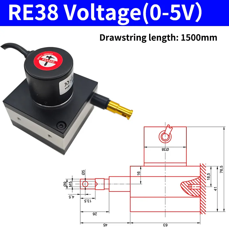 Trekkoord verplaatsingssensor, verplaatsingsmeter, elektronische analoge meetafstand 1M 1,5M 2M Ingangsvoeding 5-24V