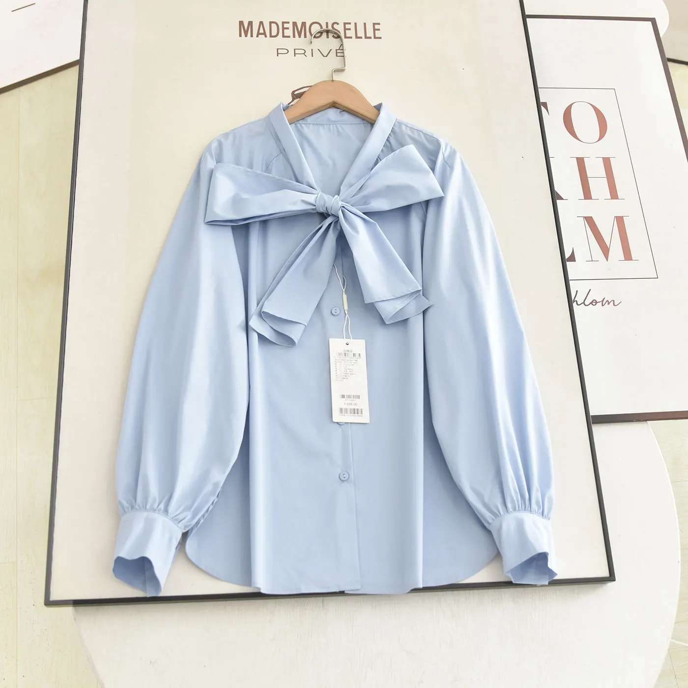 

Blue Knot Tie Women's Shirt Spring Commute Style Slimming Loose Fit Long Sleeve Fashionable Versatile Top