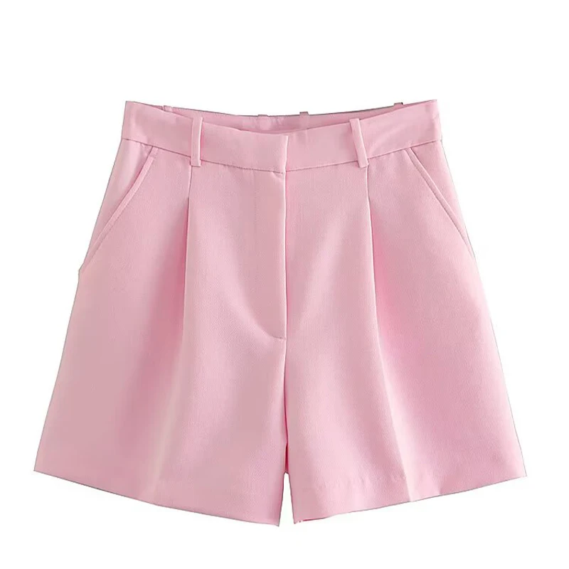 CLAZZAA Women Fashion White Pleated Front Zipper Shorts Vintage High Waist Female Chic Lady Shorts