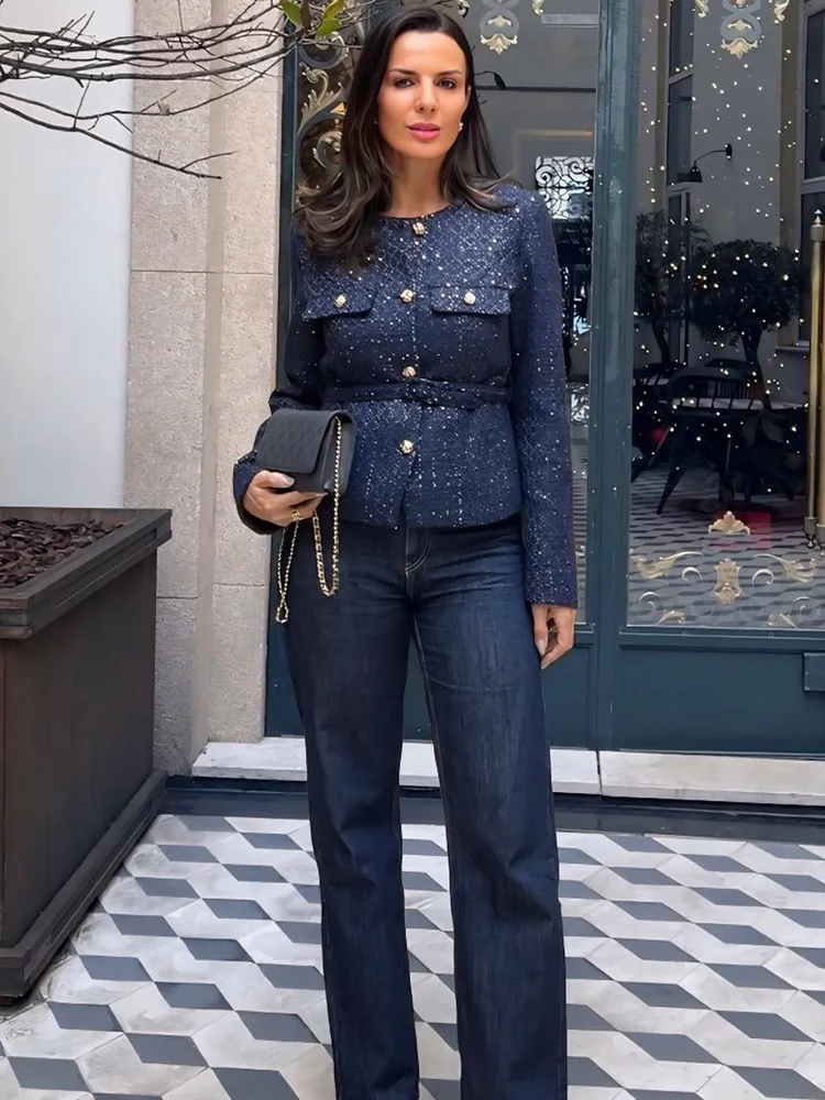 

HH Women 2025 Fashion Simple Versatile Commuter Slub Sequined Jacket Female Round Neck Single-Breasted Belt Solid Slimming Coat