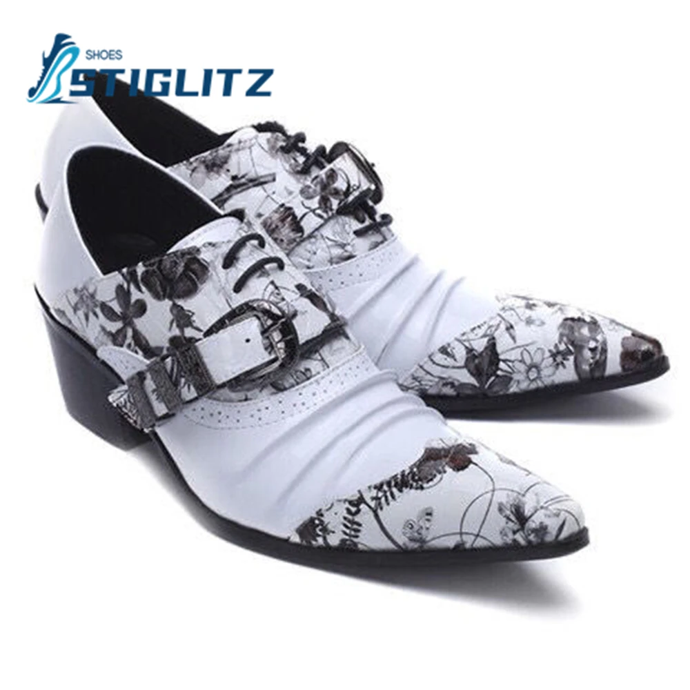 

Printed Panel Pleated Loafers Vintage Design Elegant Men's Oxfords Point Toe Lace Up Genuine Leather Loafers Men's Casual Shoes