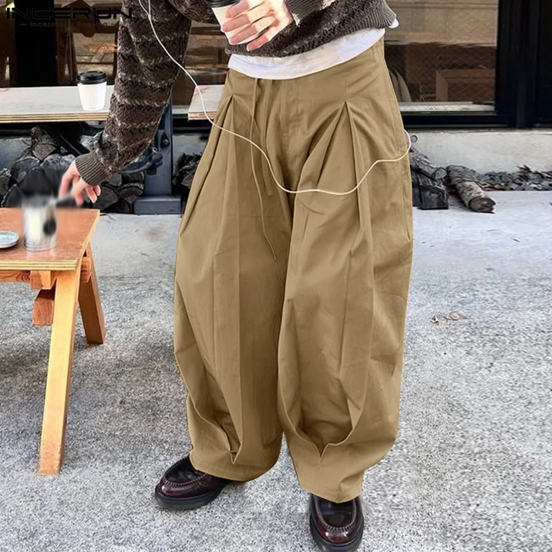

Men Pants Solid Color Button Joggers Pleated Oversize Wide Leg Trousers Men Streetwear 2025 Fashion Casual Long Pants INCERUN