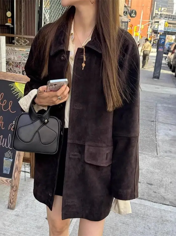 2024 Nuovo Marrone Pelle Scamosciata delle Donne Jaet Carol NPA SUDE BLZER Retro Sle Lungo Sve Pendolarismo Cappotto di Pelle Faionable