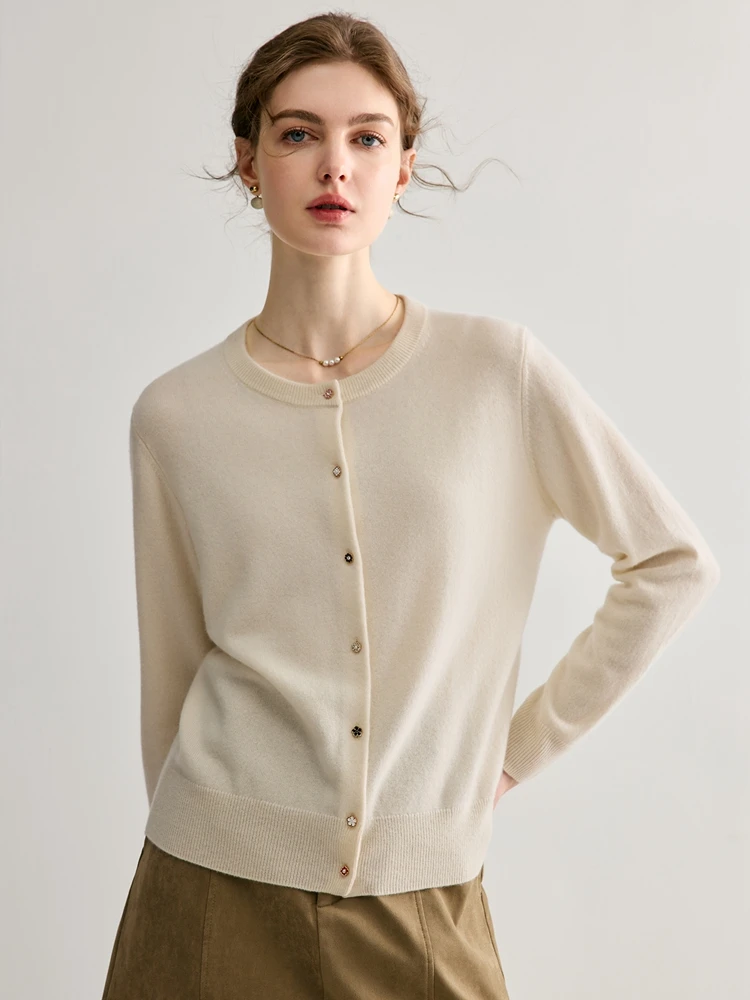 

Autumn Winter 100% Cashmere Cardigan Sweater Women's Classic Simple Single Breasted Soild O-neck Knit Long Sleeve Tops High-end