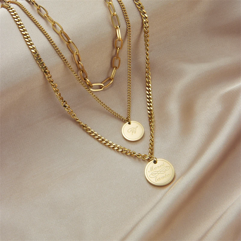 XIYANIKE 316L Stainless Steel Women\'s Necklace Double Layer Gold Color Geometric Pendant Necklaces Women Fashion Girls Jewelry