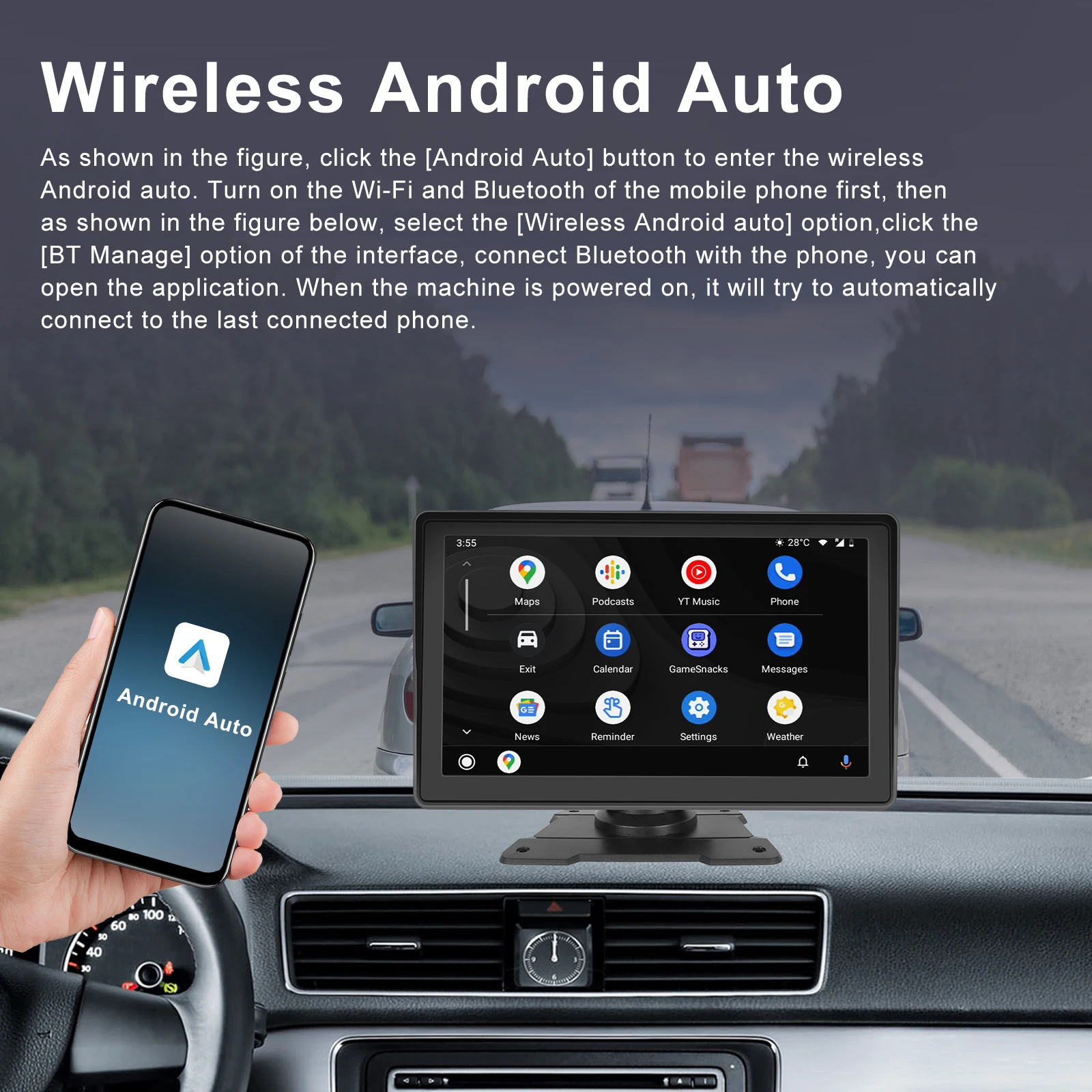 Podofo 7'' Wireless Carplay Android auto Monitor Car MP5 Player For Universal Bluetooth FM Radio Receiver TF/USB Rear View