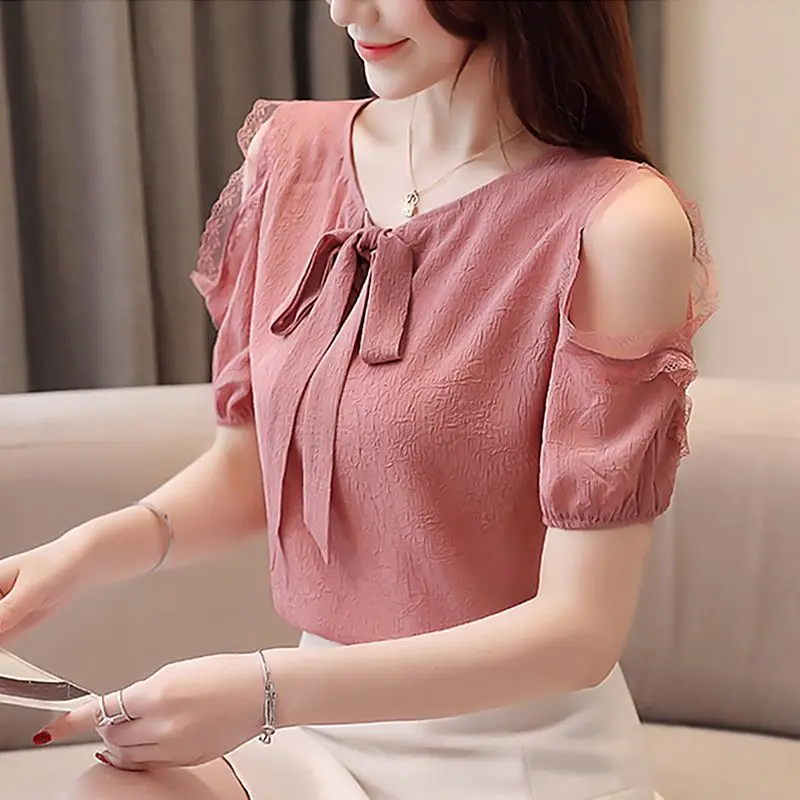 Office Lady Hollow Out T Shirts Summer Short Sleeve Bow Patchwork V Neck Solid Loose Lacing Tops Elegant Fashion Women Clothing