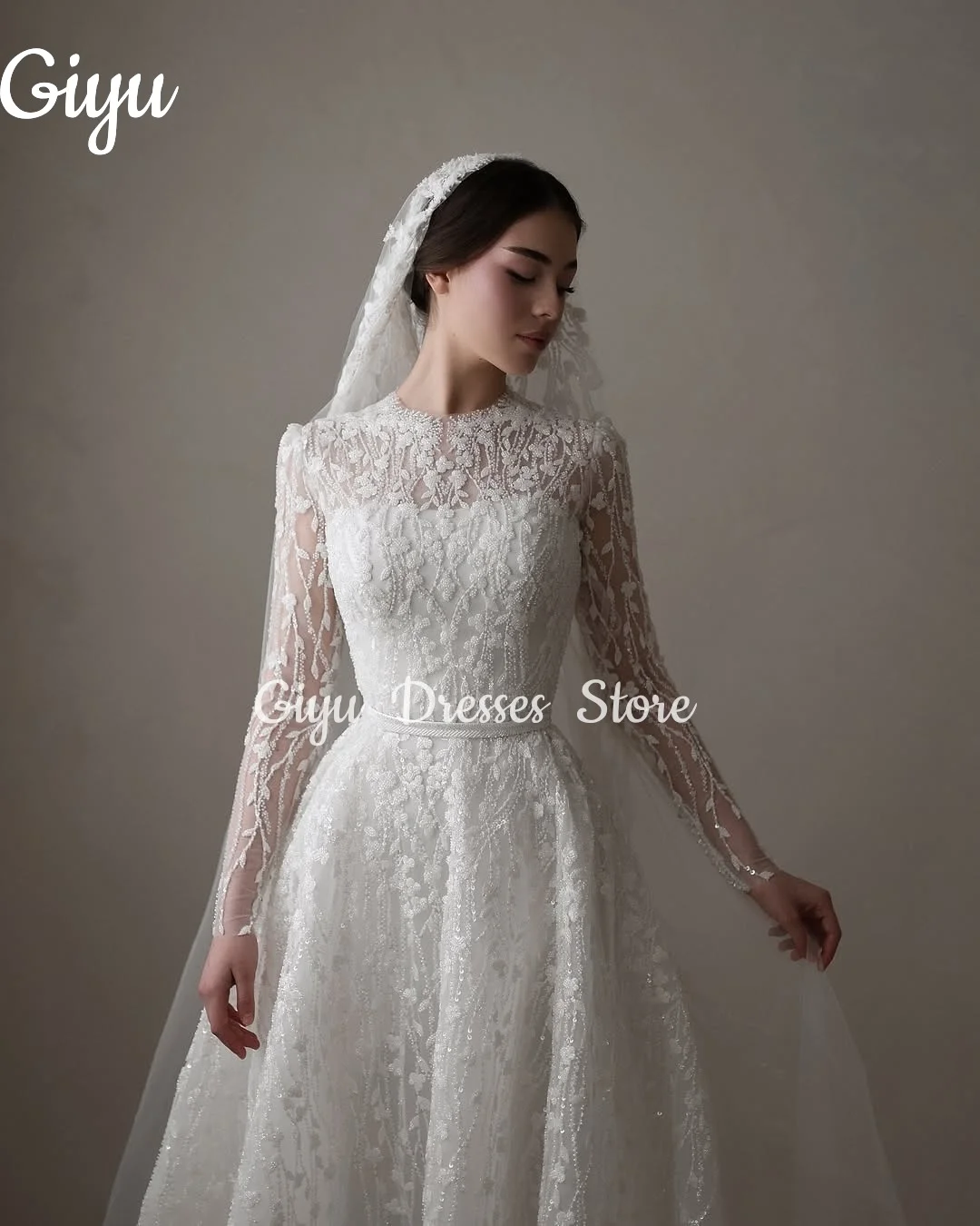 Giyu New Luxury Shiny O-Neck Wedding Dress Delicate A-Line Long Sleeve Sweep Train Beading Lace Customized 2025 Vestido De Novia