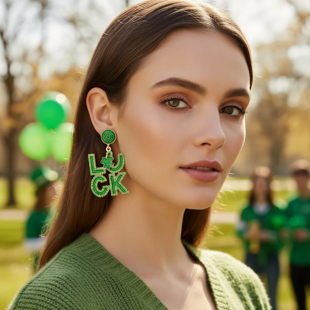 St. Patrick's Alloy Diamond Lucky English Alphabet Earrings Green Carnival Clover Earrings Female
