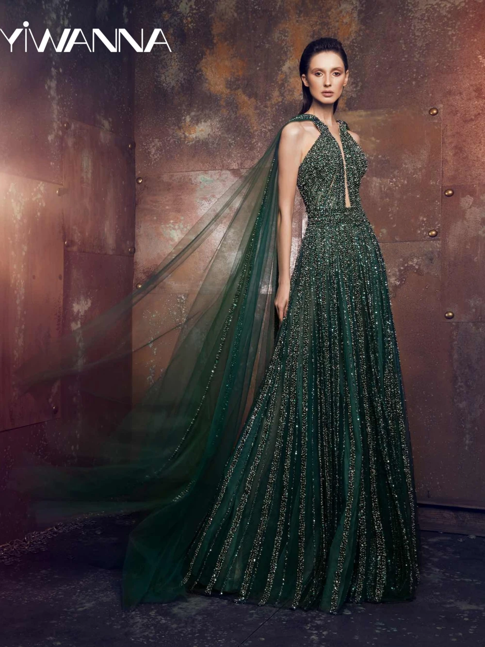 

New Arrival Green Luxurious Beaded Evening Dress With Cape Elegant A-line Long Wedding Party Gown Customized Prom Dresses