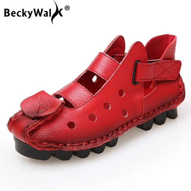 

BeckyWalk Cut-Outs Genuine Leather Women Sandals Soft Moccasins Summer Driving Shoes Ladies Flat Sandals Shoes Woman WSH2980