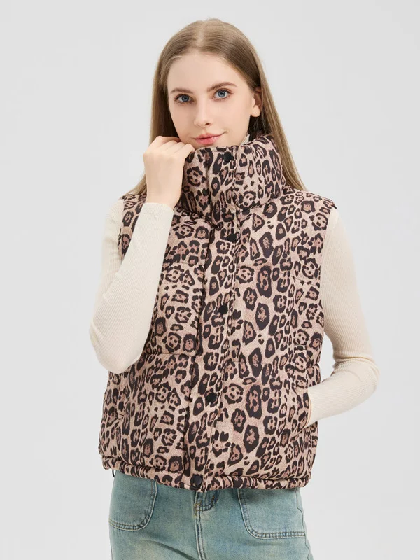 Herbst Winter Neue Sle frauen ort Svel Baumwolle Jaet Stehkragen unten Baumwolle Weste Leopard Print Biker Weste Wärme