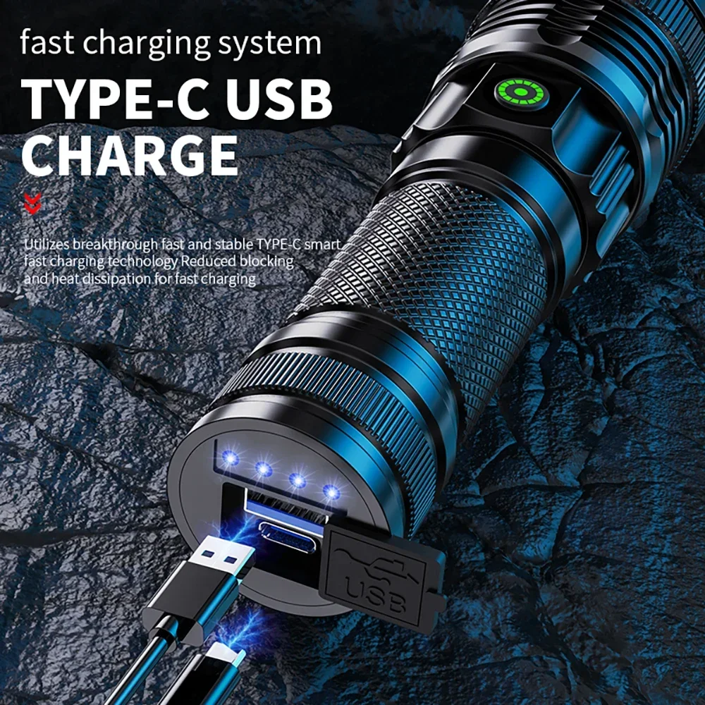 100000 Lumen Super Bright Spotlight Long Range LED Flashlight Built-in Battery USB Charging Waterproof Portable Camping Torch
