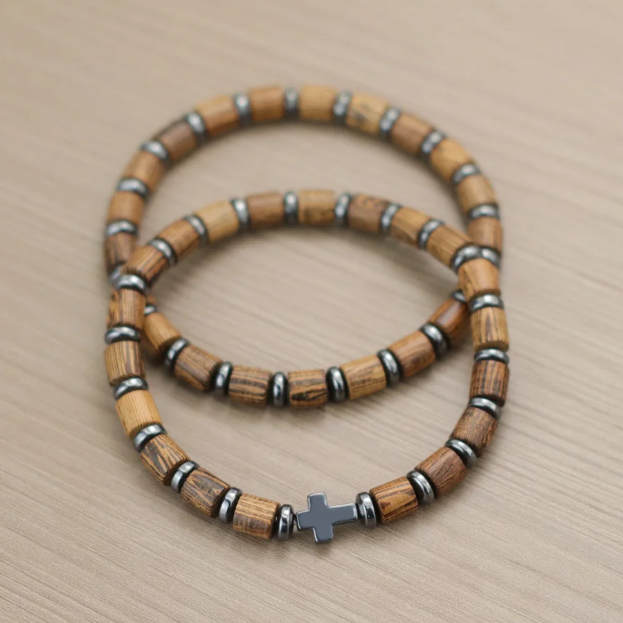 1Pcs Boho Natural Barrel Wooden Beads Bracelet for Men Black Gallstone Cross Healing Beaded Braclets Elastic Jewelry Joias view 5