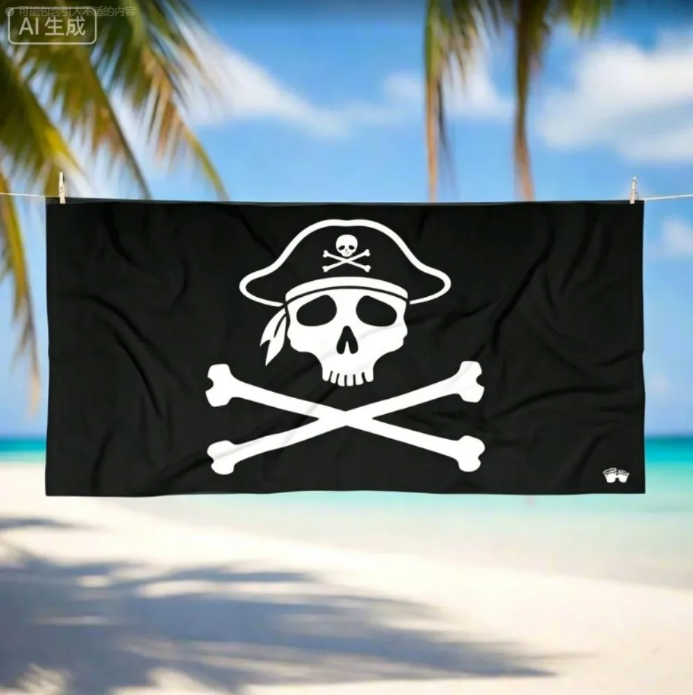 Classic Pirate Flag Microfiber Beach Towel, Skull and Crossbones Bath Towels, Cool Black Jolly Roger Pool Towel for Men Boys