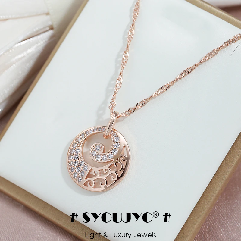 SYOUJYO 585 Rose Gold Farbe Anhänger Halskette Für Frauen Nadel Strass Kreis Kristall Schmuck Natürliche Zirkon Vintage Halskette