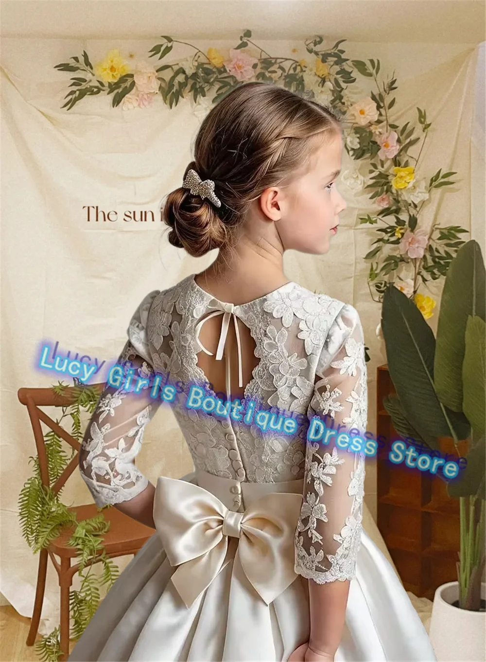 

Elegant Ivory Flower Girl Dress Satin Fluffy Lace Applique Idyllic First Communion Gowns Kids Girls Birthday Party Evening Gown