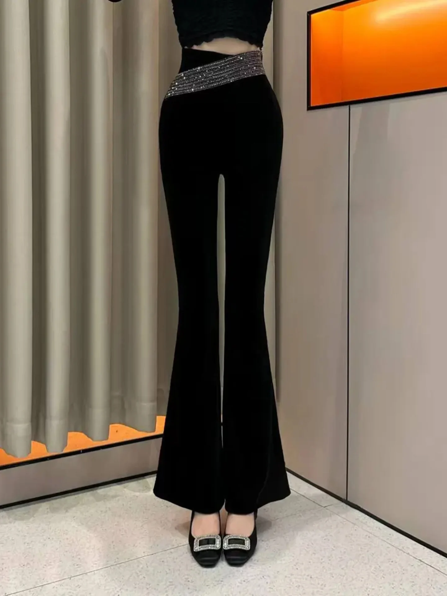 بنطلون مخملي واسع للنساء، موديل خريف وشتاء جديد، نحيف ومزين بالماس، بسحاب جانبي وخصر عالي، مناسب للعمل والأناقة