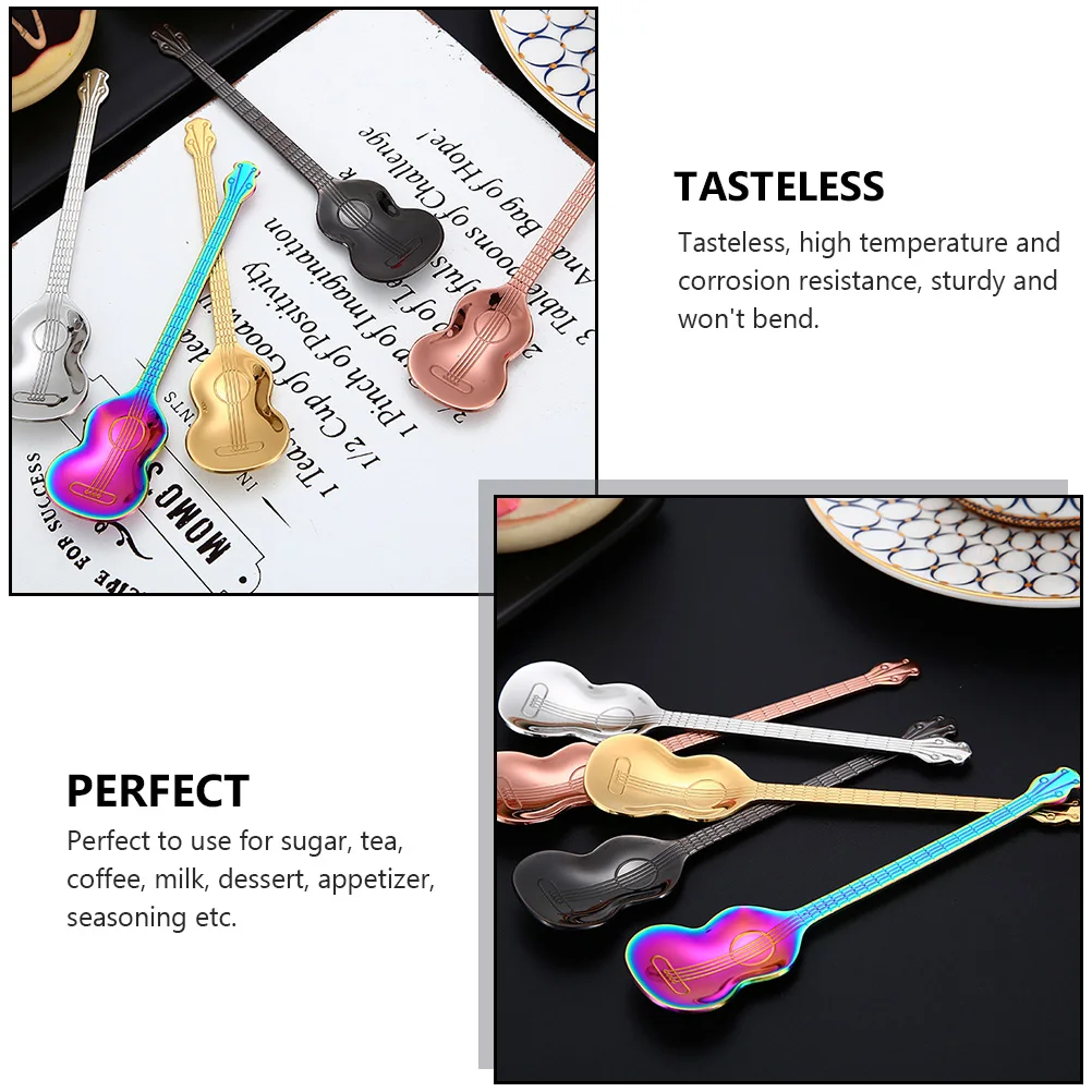 

5pcs Creative Guitar Coffee Spoons Stainless Steel Colorful Heat Resistant Corrosion Proof Strong Comfort Handle Daily