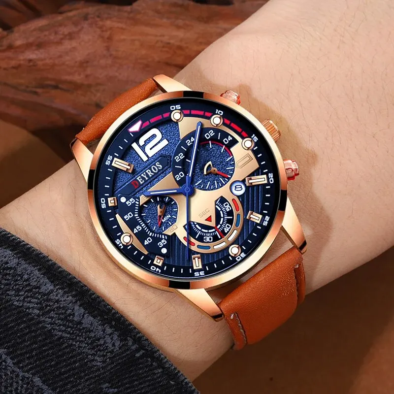 2PCS Set Fashion Mens Calendar Watches Luxury Male Business Casual Brown Leather Quartz Watch Men Bracelet Wrist Watch