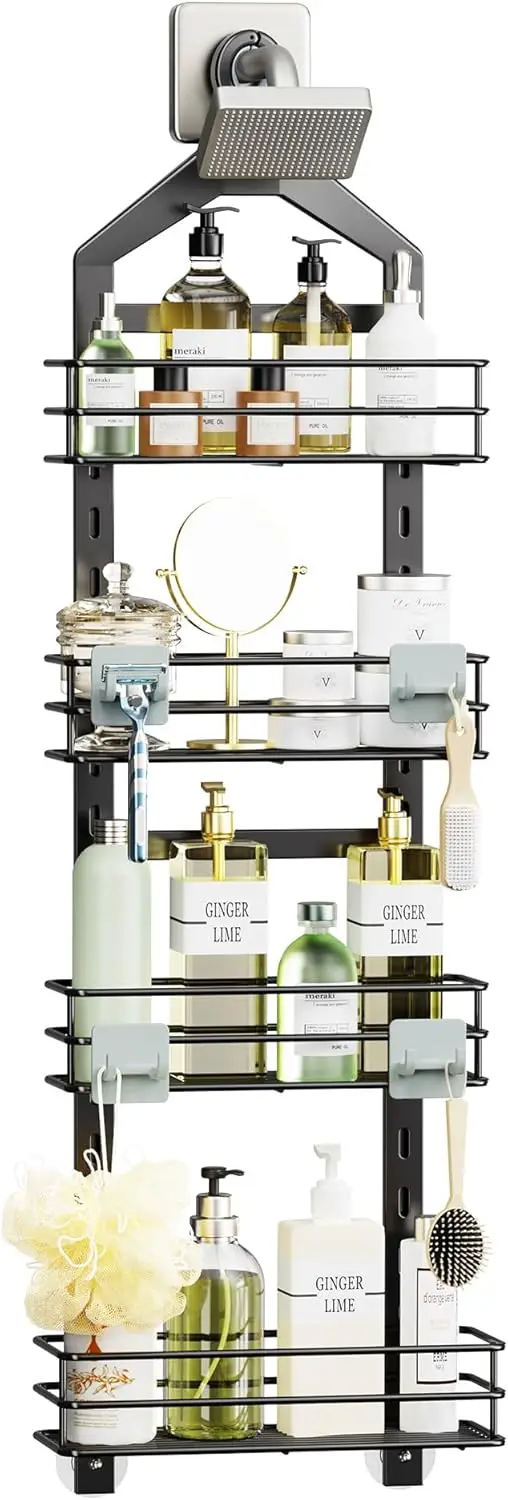 

Adjustable Anti-Slip Shower Caddy with 4 Hooks, No Drill Rustproof Bathroom Organizer for Shower Storage Rack