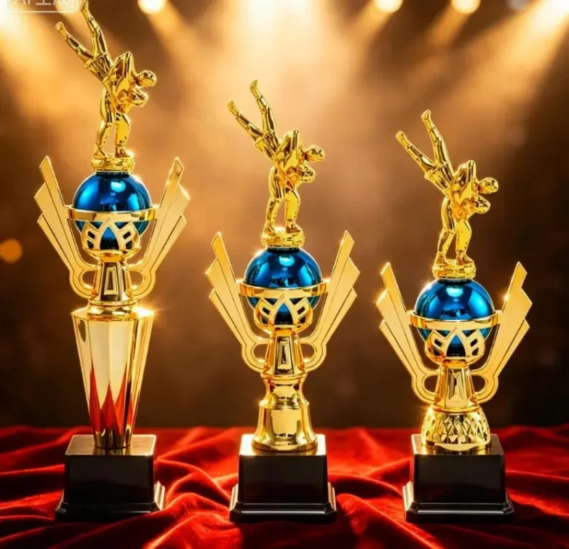 Customized trophy for wrestling competition. Sports event. Taekwondo martial arts. Universal medal for commemoration.