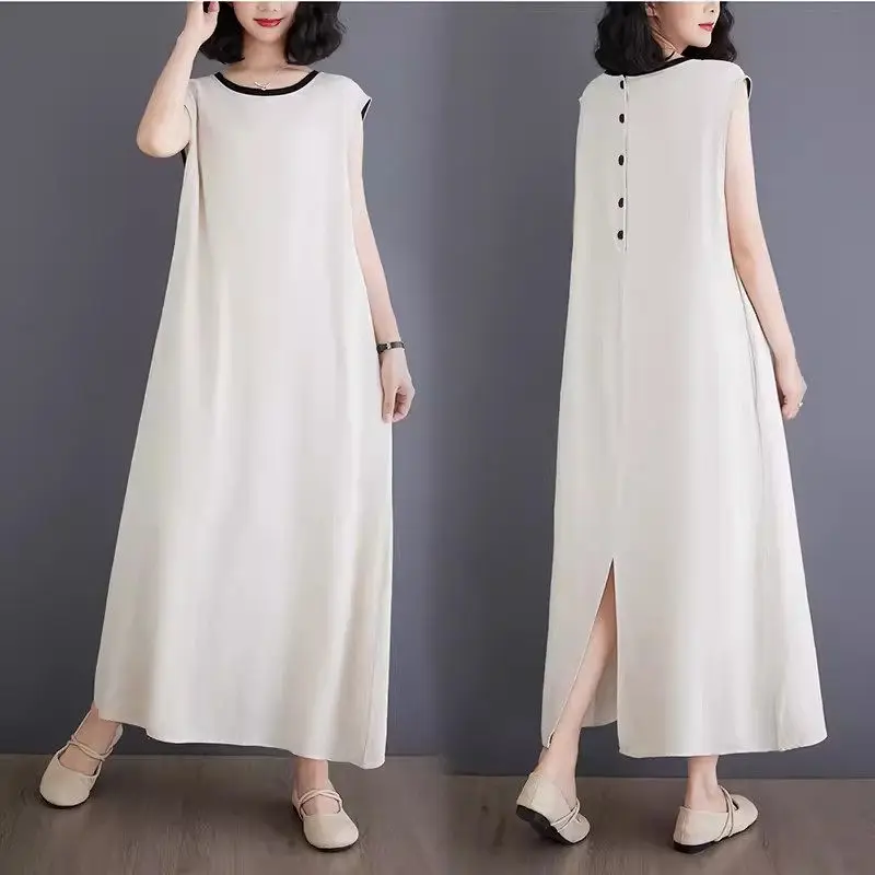 

Casual Vest Dress 2024 Women's New Soft Washed Cotton Design Feel Loose Elegant Robe Hit Color Round Neck Split Back Dress K1441