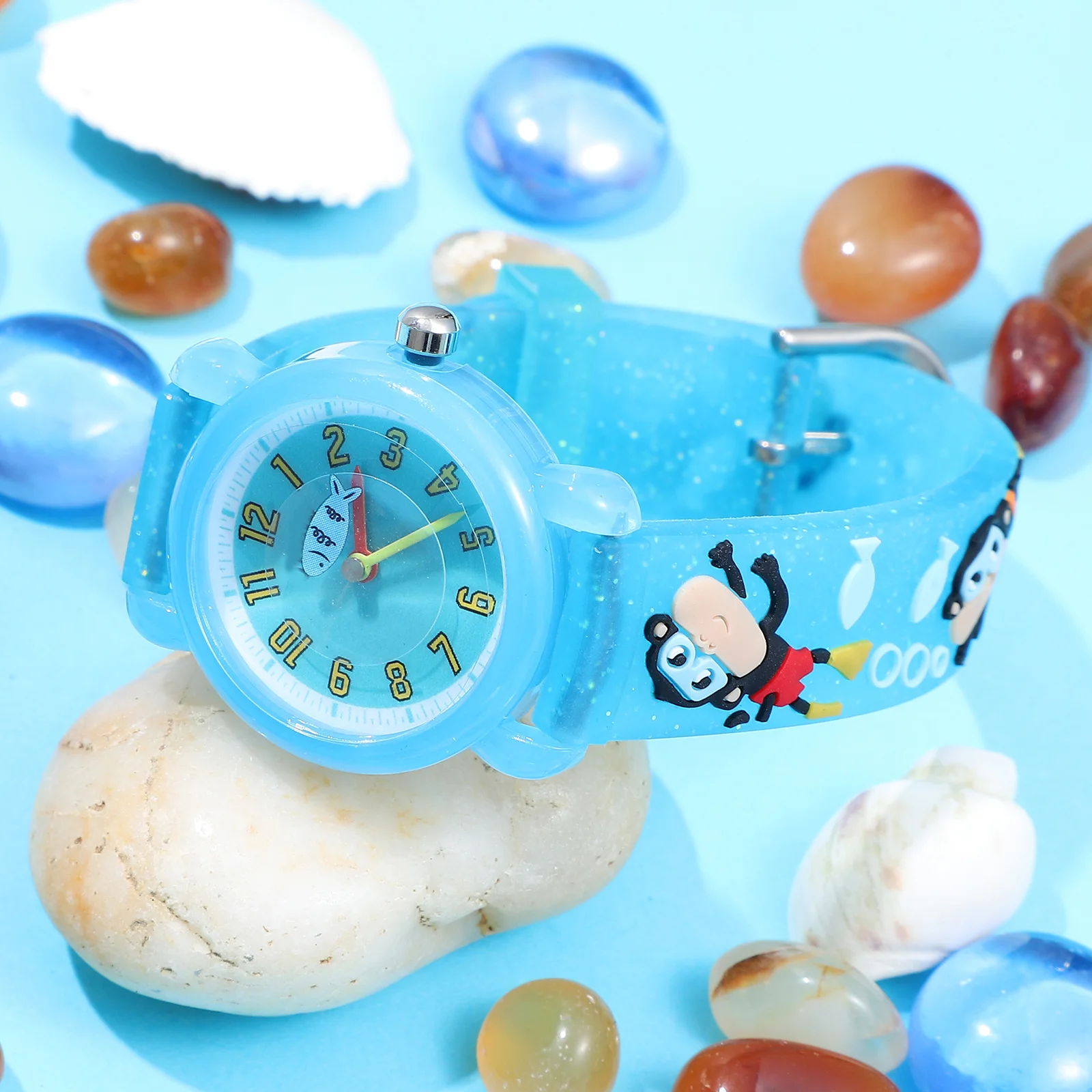 2 pcs Watches Cartoon Marine Theme Arabic Numerals Large Dial Comfortable Strap Adjustable Buckle Creative Gift For