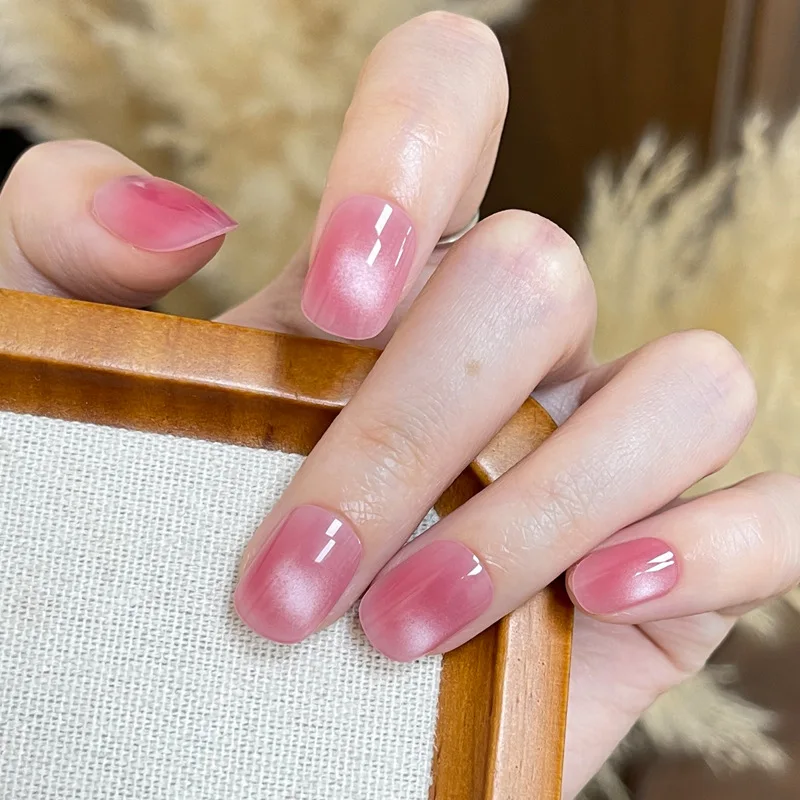 24PCS Pure Cat Eye Unghie Finte con Colla Dolce Semplice Breve Quadrato Unghie Finte per Spice Girls Ins Style Acrilico Indossabile Stampa On