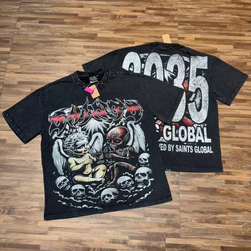 SAINT Angel Skull Eternal Toast Tee Summer Black Streetwear Distressed Crew Neck Men's Women's Short-Sleeve T-Shirt