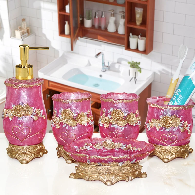 European 5pcs Bathroom Set/Resin Bathroom Accessories Kit/Toothpick Holder/Soap Dispenser/Tooth Brush Holder/Cup Soap Dish Tray