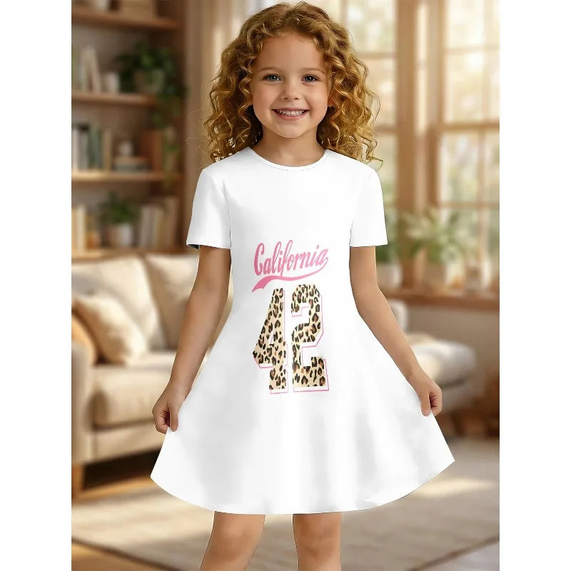 2026 Sommer Mädchen Kurzarm T-Shirt-Kleid Kalifornien Leopard Nummer Bär Frucht Print A-Linie Kinder Freizeitkleider 3-12 Jahre