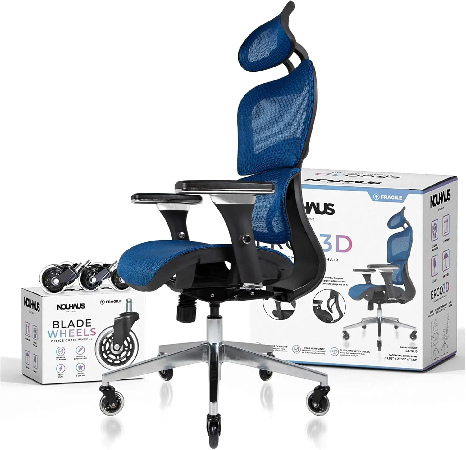 

Ergonomic Office Chair Lumbar Support Mesh Office Chair with 4D Adjustable Armrest Adjustable Headrest and Wheels Blue