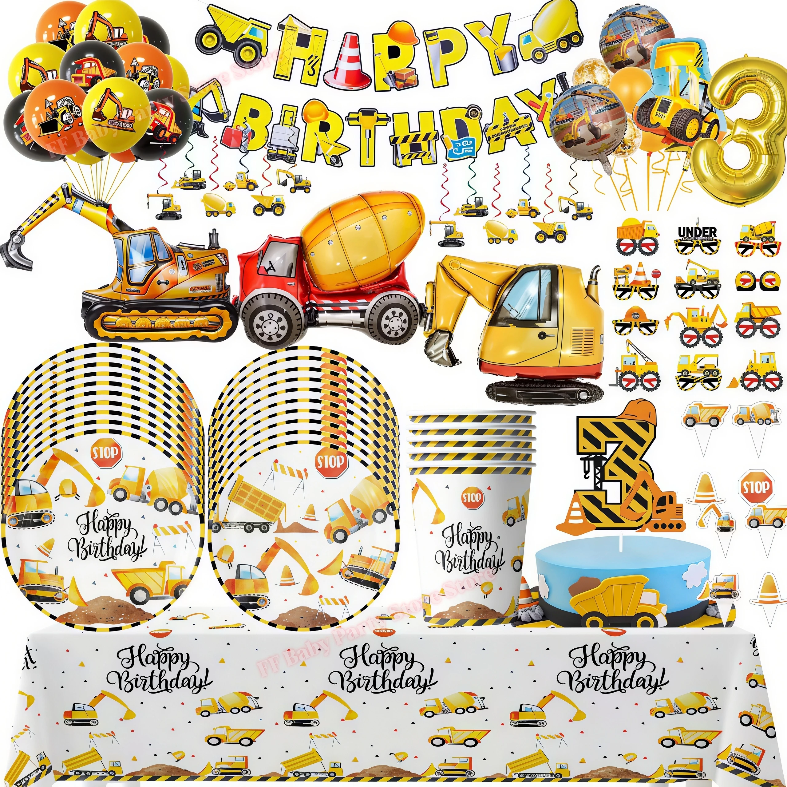 Image of Bau-Geburtstagsparty-Zubehör: Bagger, Traktor, Fahrzeug-Teller, Becher, Ballons, Babyparty-Dekoration, Party-Favors