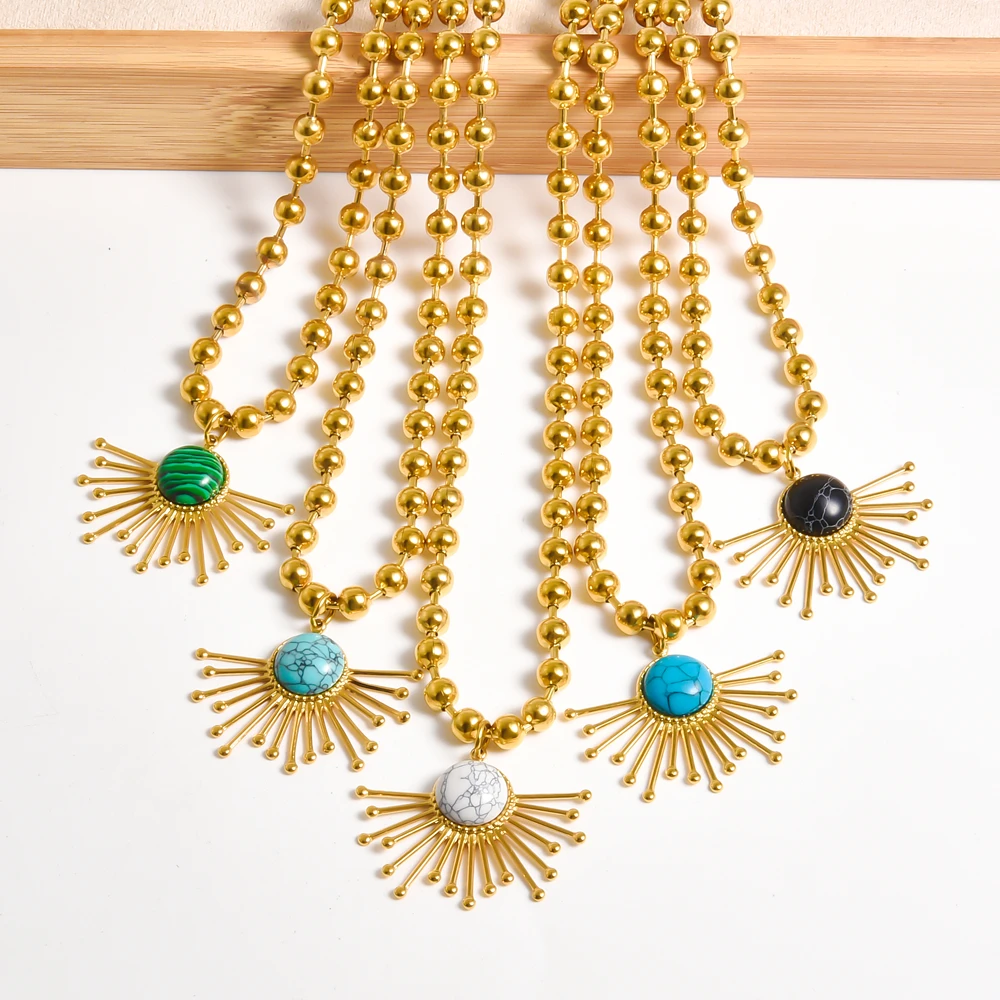 Vintage Natural Stone Round Bead Chain Necklace Temperament Bohemia Sun Flower Choker Stainless Steel Ladies Колье Colares