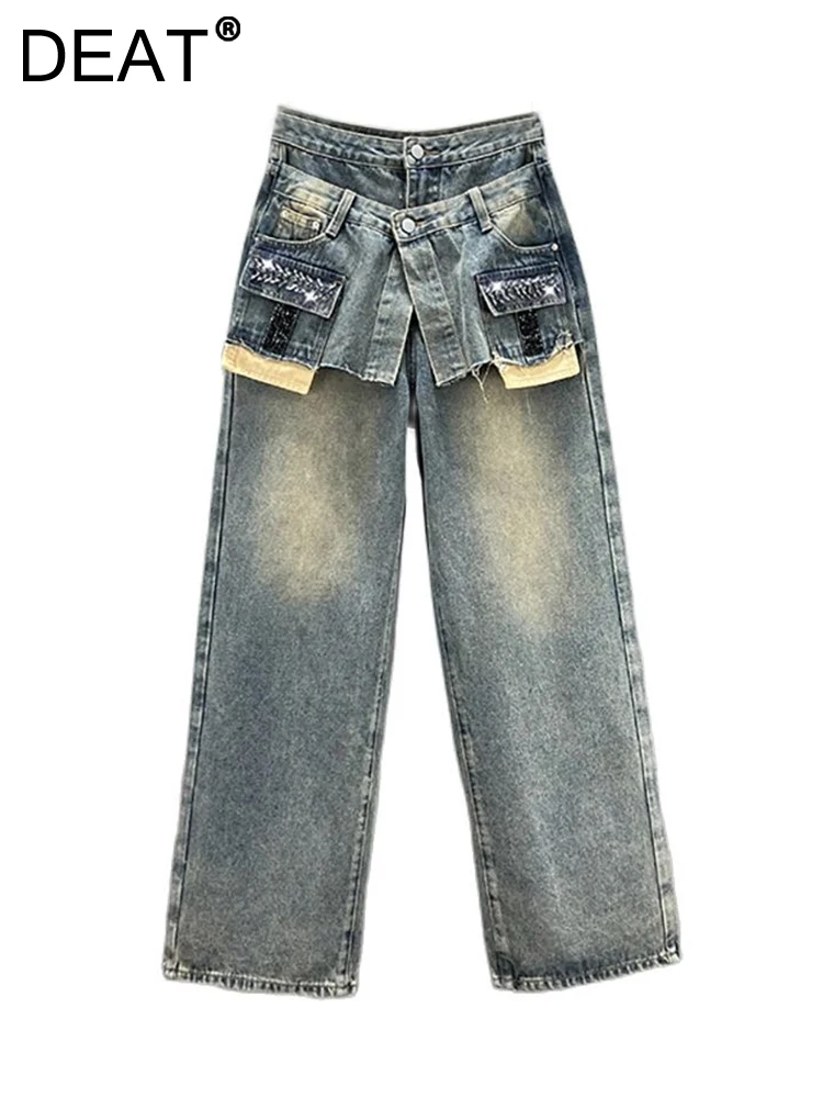 

DEAT Women's Jeans High Waist Patchwork Pockets Fake 2 Pcs Diamonds Washed Straight Wide Leg Denim Pants 2024 Autumn New Fashion