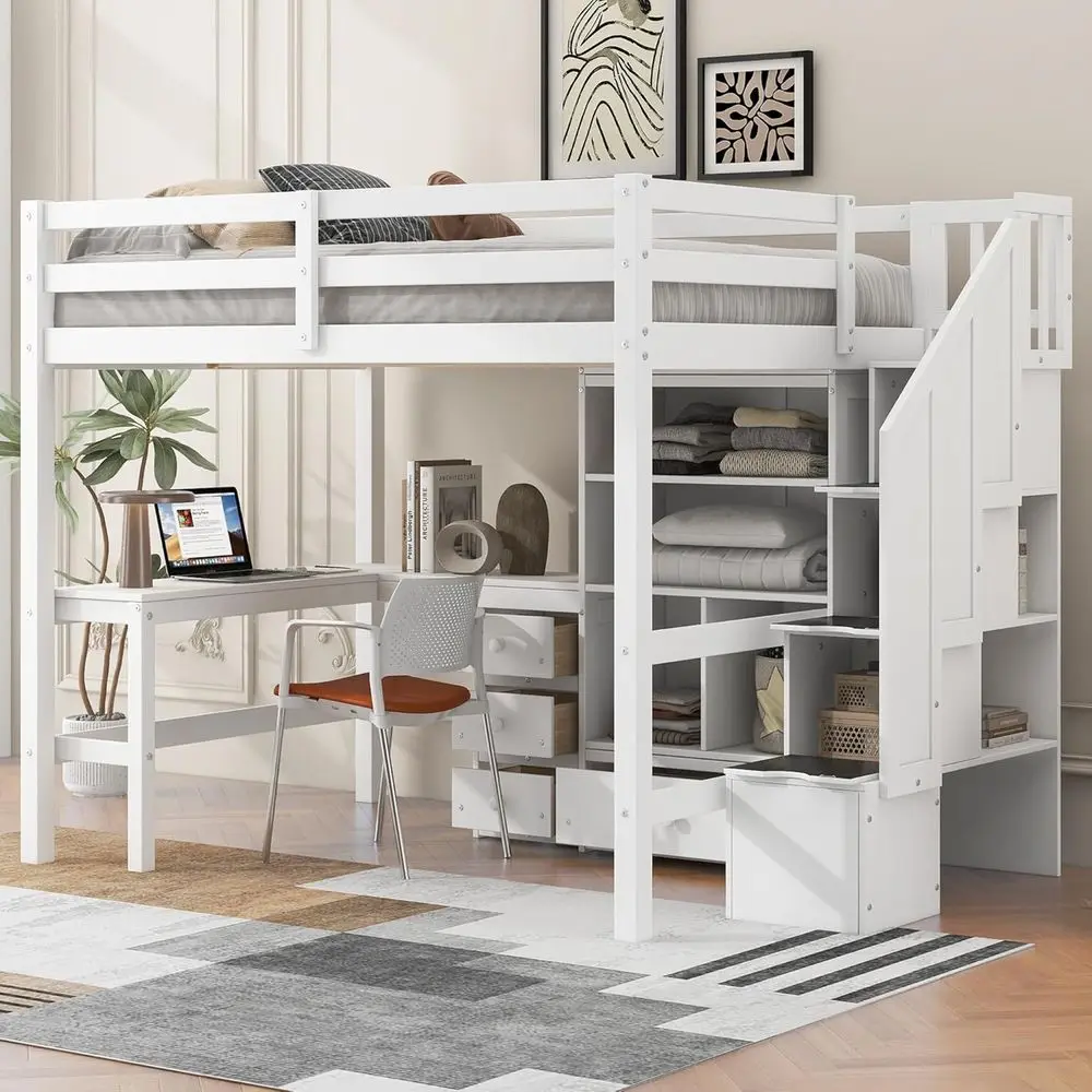 

White Full-Size Bed with L-Shaped Desk, Drawers, Cabinet, and Storage Stairs