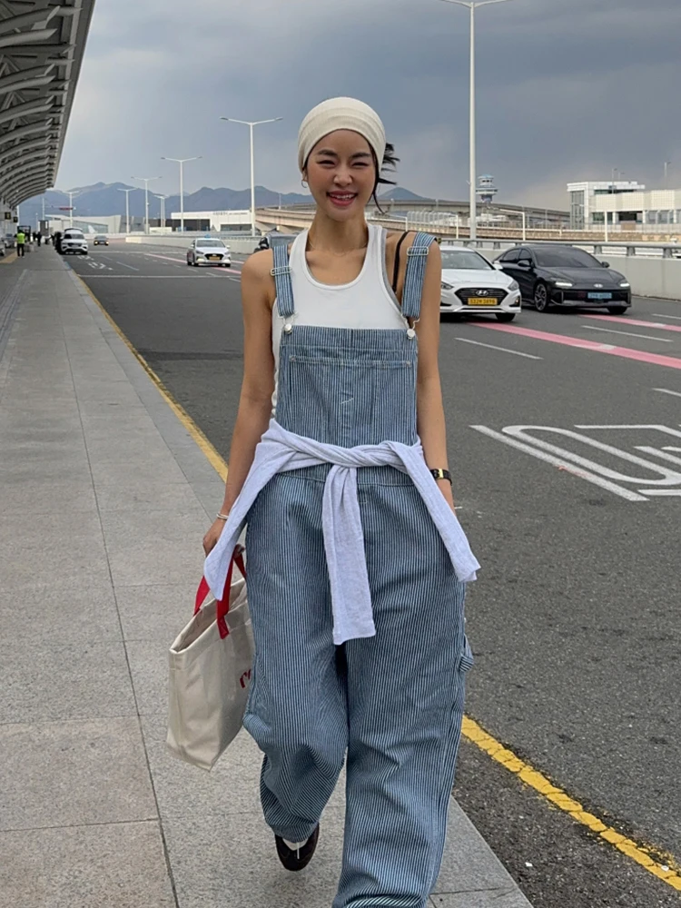 

Korean style chic summer new retro style vertical stripe loose casual wide leg denim shoulder strap jumpsuit for women